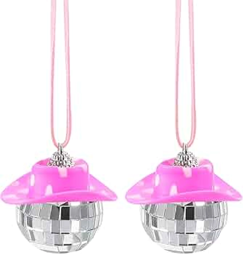 sourcing map 2Pcs Pink,White Disco Ball Car Accessory Bling Disco Mirror Ornament Car Mirror Hanging for Car, Birthday Party Accessory