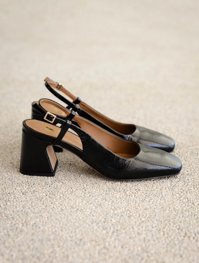 Maddie Noir Vinyl - Escarpins slingback à talons mi-hauteur en cuir verni noir