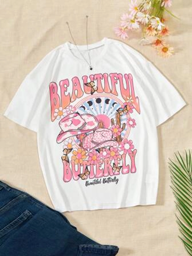 Teen Girl Letter Printed Short Sleeve T-Shirt, Suitable For Summer Casual Daily Wear