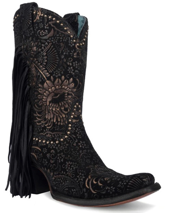 Corral Women's Stamped Floral Suede Fringe Western Boots - Square Toe | Boot Barn