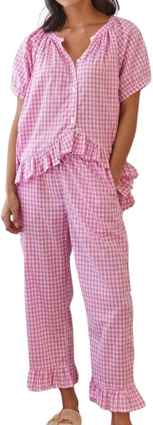 Womens Gingham Pajama Set 2 Piece Short Sleeve Babydoll Shirt and Pants Lounge Set Cute Sleepwear