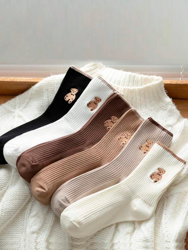 6pairs Kids' Medium & Large Size Fashionable & Comfortable Mid-calf Cartoon Bear Socks