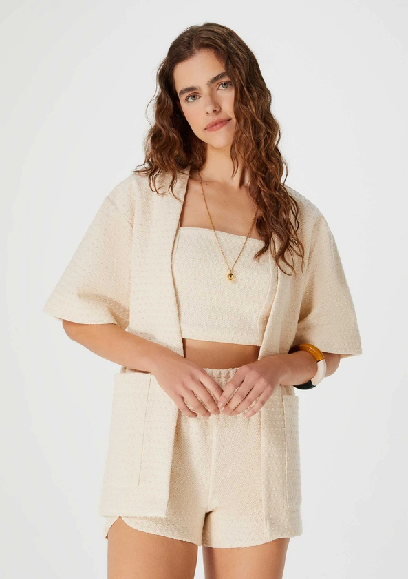 Kimono Feminino Texturizado Em Malha Eco - Bege