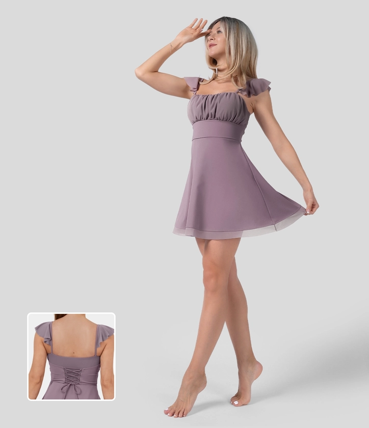 Women’s Softlyzero™ Airy Ruffle Backless Lace Up Contrast Mesh Cool Touch Mini Flare Casual Dress-UPF50+ - Halara 