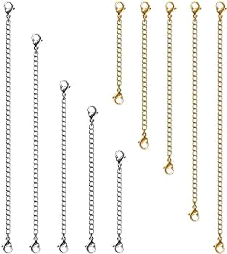 Necklace Extenders, 10Pcs Stainless Steel Gold Silver Necklace Bracelet Anklet Extension Chains with Lobster Clasps and Closures for Jewelry Making
