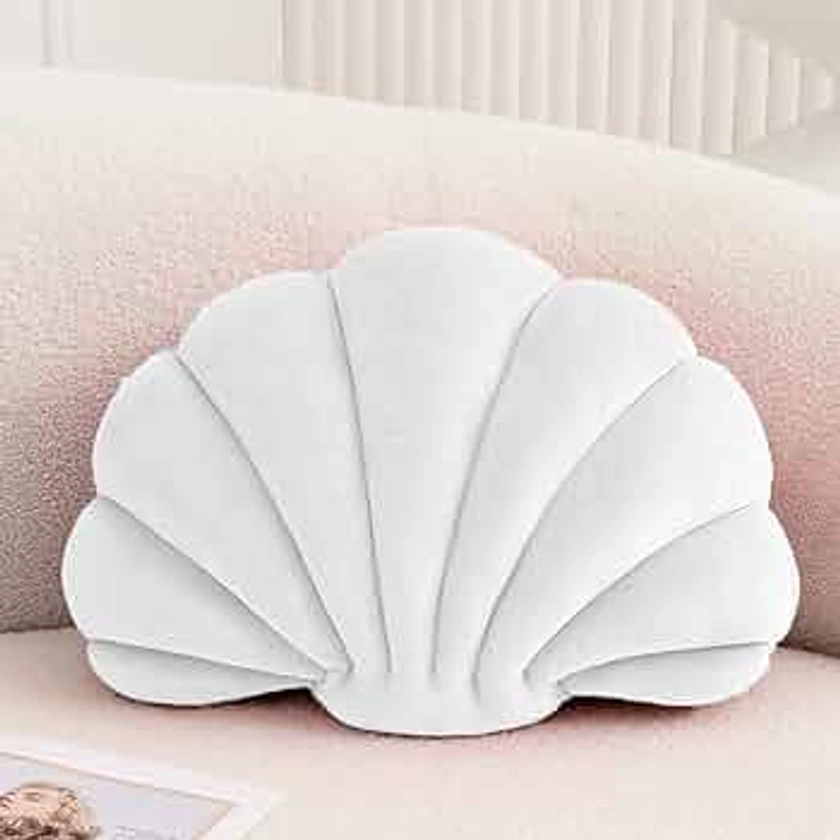 Seashell Decorative Pillow Shell Shaped Throw Pillow 3D Insert Beach Pillow Soft Velvet Pillow Sea Ocean Decoration Couch Bed Pillow Cushions(White,14 X 11 inch)
