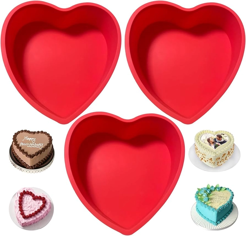 REECAGO Heart Shaped Cake Tin, 3pcs 8 Inch Silicone Love Cake Moulds, Cake Baking Pan Non-Stick Quick Release Suitable Baking Tray for Muffins Puddings Bread
