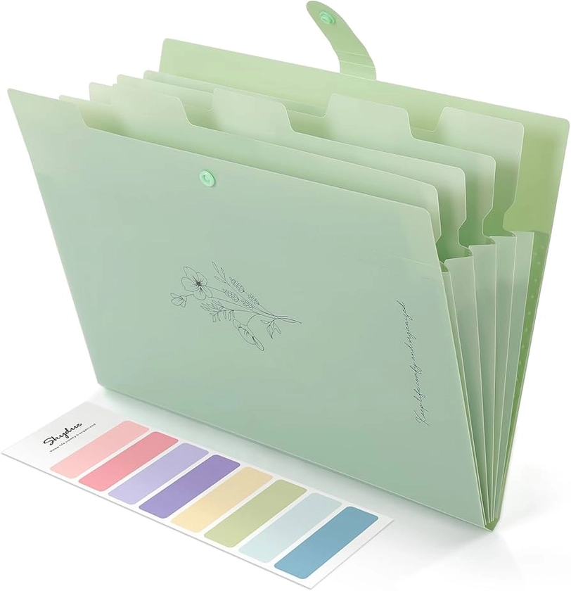 SKYDUE Expanding File Folder with 5 Pockets, Aesthetic Accordion File Organizer, Portable Document Paper Bill Receipt Organizer, School Office Supplies, Letter/A4 Size, (1, Pea Green)
