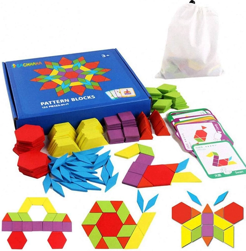 EACHHAHA Puzzle en Bois-Tangram-Jouets Montessori-Jouets éducatifs classiques-155 Formes géométriques et 24 Cartes de Conception pour Enfants adaptées aux Enfants de 3 4 5 6 7 Ans