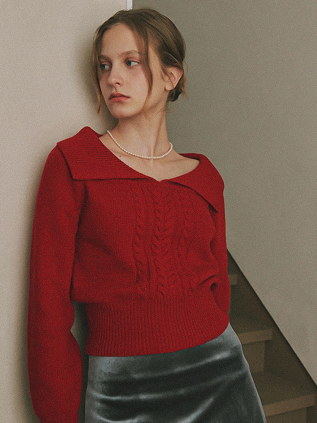 Big Collar Cable Crop Knit_Red