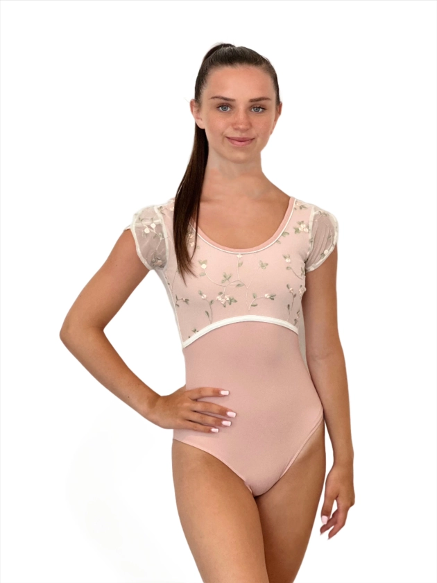 Rose Embroidered Tulip Sleeve Leotard - Pink