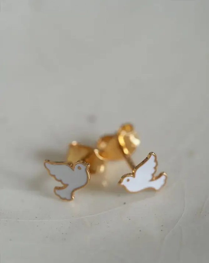 Boucles d'oreilles colombes | Or 18 carats et émail ©Catho Rétro - Catho Rétro