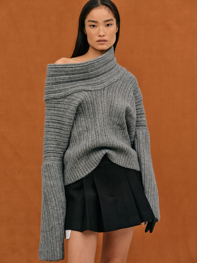 Becca Oversized High Roll Knit Pullover, Storm Grey