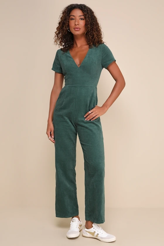 Absolute Cutest Dark Green Corduroy Short Sleeve Jumpsuit