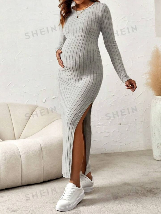 SHEIN Maternity Ribbed Knit Split Thigh Dress | SHEIN UK