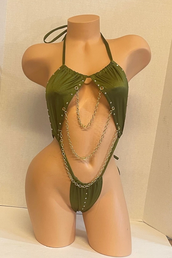 Exotic Dancewear- Check out this Sexy Olive Green Two Piece flip Top Slingshot Micro!