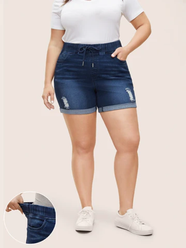 Distressed Drawstring Roll Hem Denim Shorts