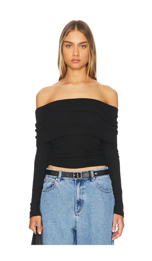 LNA Liya Ribbed Fold Over Top in Black | REVOLVE