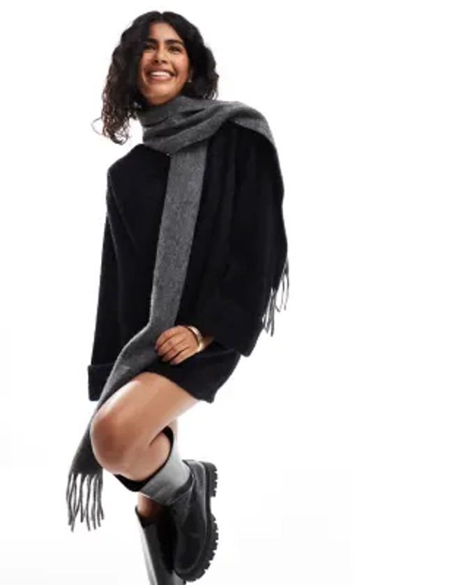 ASOS DESIGN wool mix scarf in charcoal tassel design