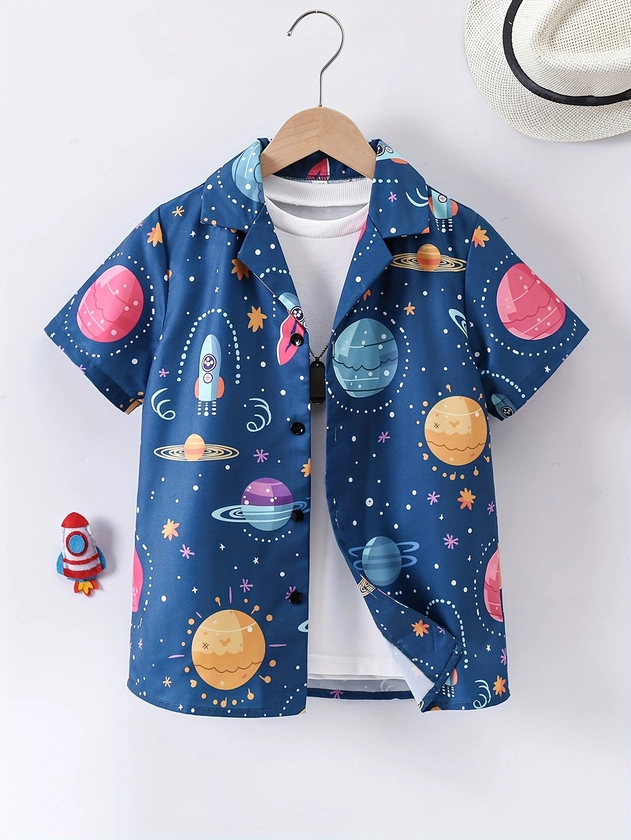 Cartoon Space Planet Allover Print Boys Creative Shirt, Casual Short Sleeve Lapel Shirt Tops, Boys Clothes For Summer Outdoor