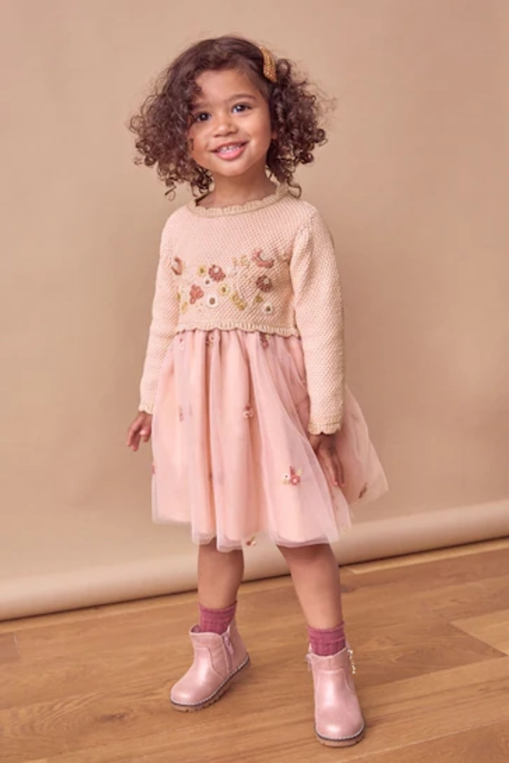 Pink 2-in-1 Occasion Long Sleeve Knitted Jumper Dress (3mths-10yrs)