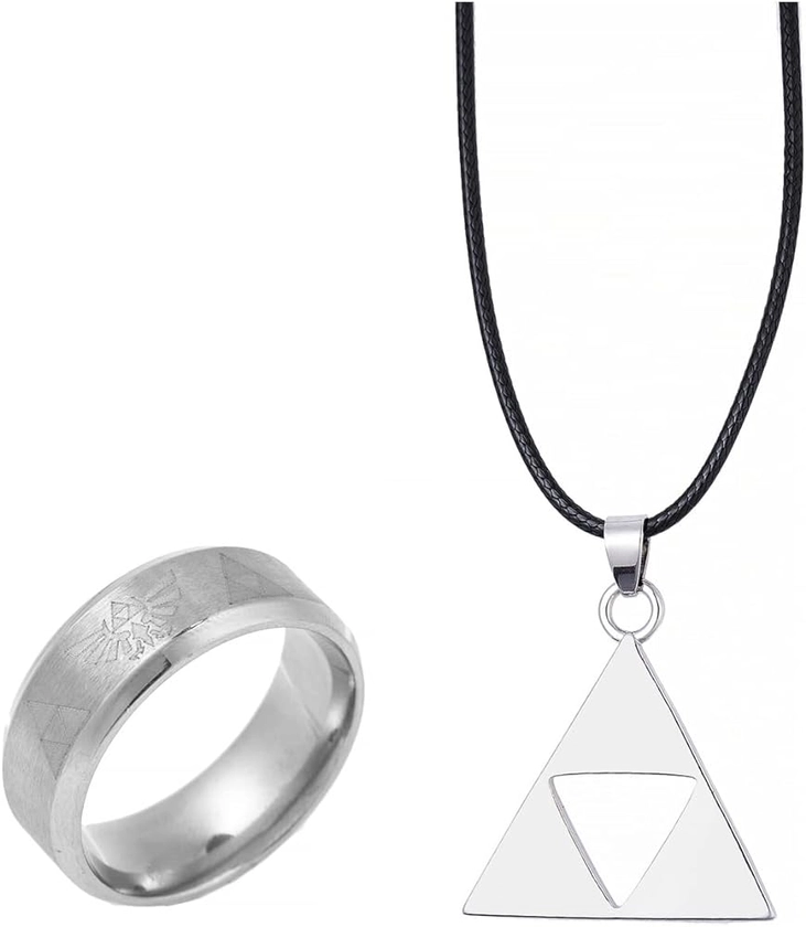 Stainless Steel Ring for Men, Triangle Pendant Necklace Cosplay Jewelry Set for Gaming Enthusiast