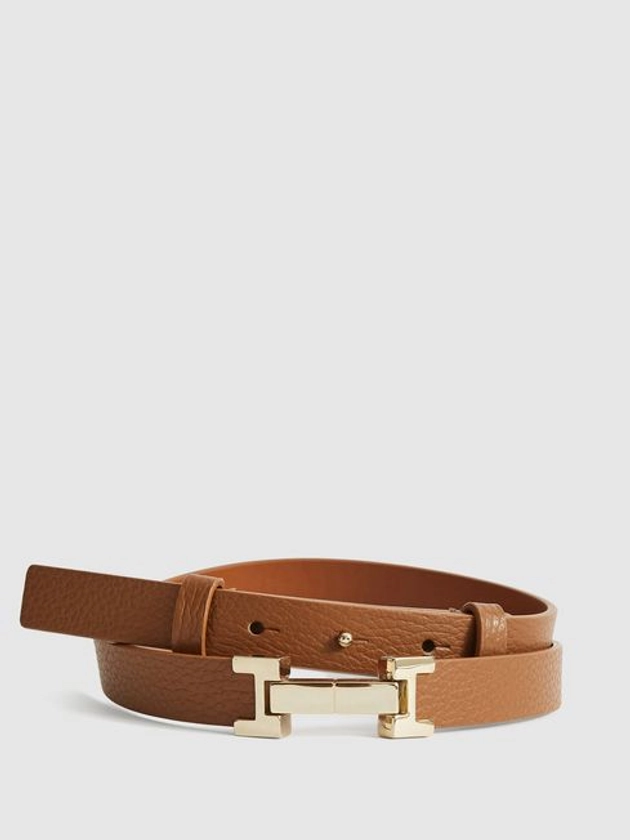Leather Square Hinge Belt in Stone - REISS