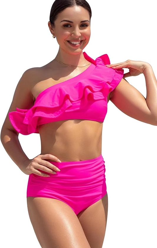 SPORLIKE Women High Waisted Swimsuit Flounce One Shoulder Bikini Padded Bathing Suit