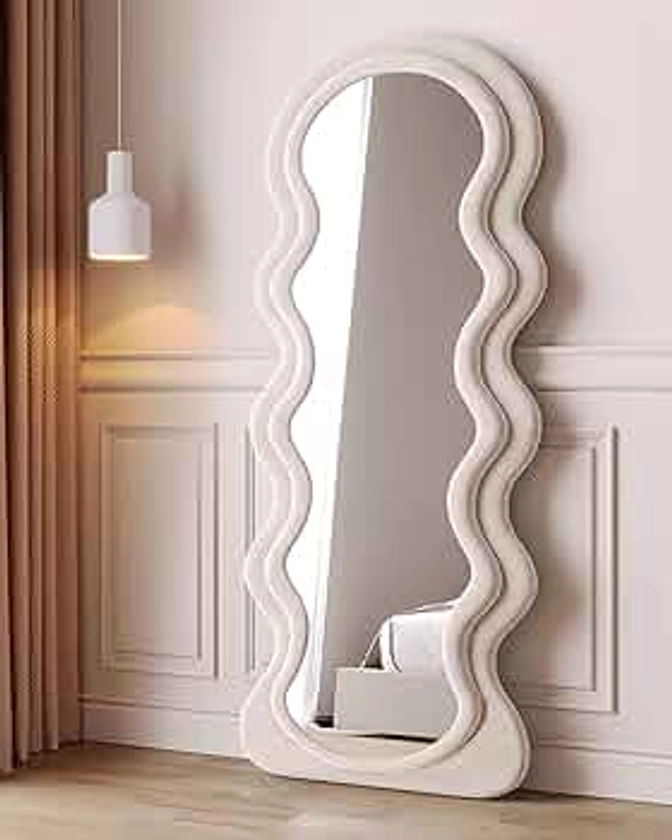OGCAU Full Length Mirror, Wavy Mirror Full Length, Wave Floor Mirror, Full Length Wall Mirror, Wall Mirror Standing Hanging or Leaning Against Wall for Bedroom(White 63"x24")