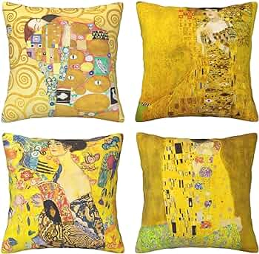 HOSTECCO Lot de 4 Housses de Coussin carrées décoratives Jaunes de Gustav Klimt pour canapé, lit, 45 x 45 cm