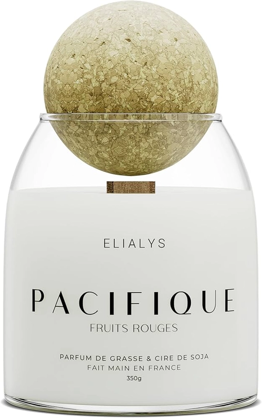 ELIALYS Bougie Parfumée Artisanale au Parfum de Grasse, FRUITS ROUGES, Mèche en Bois Crépitante - PACIFIQUE, 350g, ±70 heures de combustion, Fabriquée en France - Parfum Intense & Longue durée