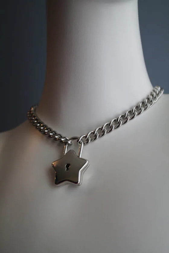 Star padlock on stainless steel twist link curb chain Choker / Necklace approx. 14&quot;-36&quot; available Stacking, Statement, Cute, Jewellery, Alt