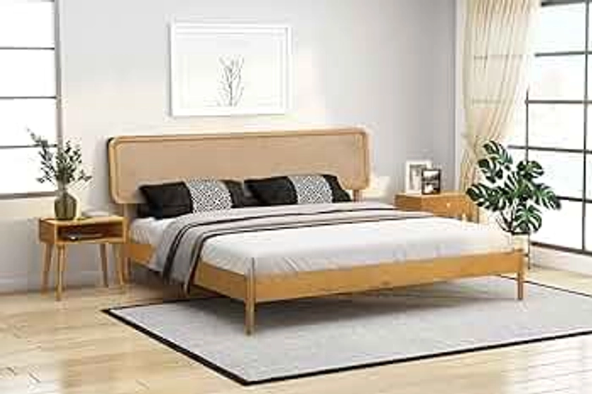NTC Lupin Wooden Bed Frame with Headboard, Solid Oak Foundation with Silent Slats and Wood Central Supports, 1000 Lbs Capacity, Effortless Assembly, Queen - Rustic Oak
