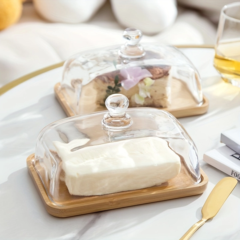 1set Glass Butter Dish With Lid For Countertop And Refrigerator Door Shelf, Butter Keeper, Butter Holder For Counter, Butter Container For Fridge, Covered Butter Dishes With Lid, Butter Tray For Home Kitchen Restaurant, Table Decors