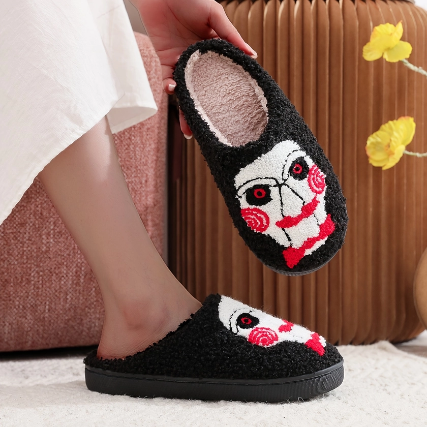 Halloween Ghost Pattern Fuzzy Slippers, Horror Style Closed Toe Plush Flat Shoes, Cozy & Warm Home Slippers