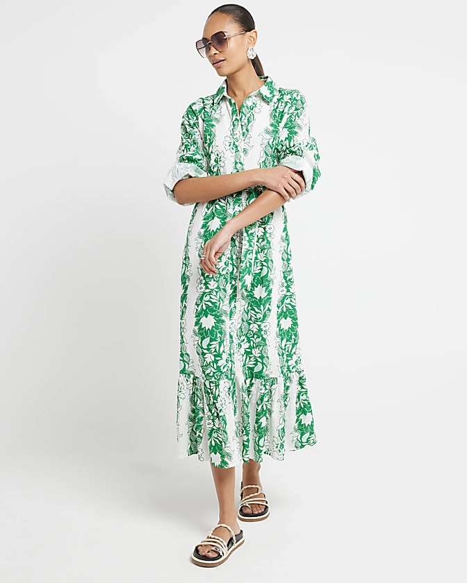 Green floral belted midi shirt dress