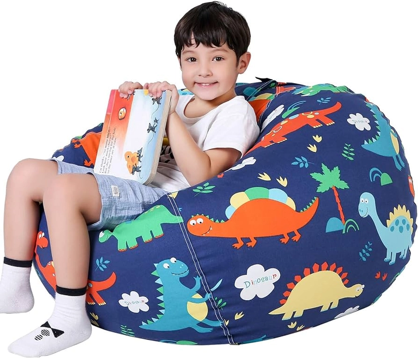 Lukeight Stuffed Animal Storage Bean Bag Chair Cover for Kids, Dinosaur Zipper Beanbag Chair Cover for Organizing Toddler and Kids' Rooms Plush Toys (Dinosaur, Large)