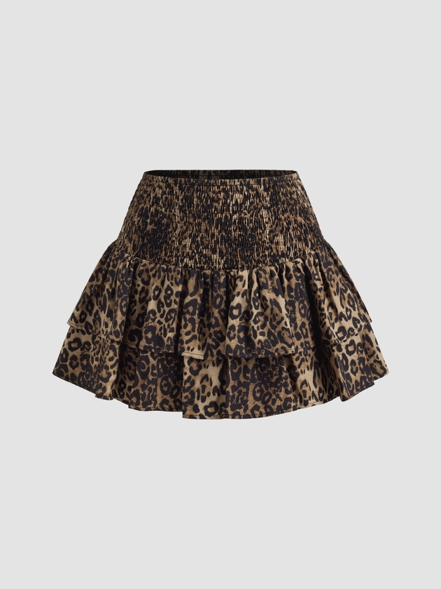 Mid Rise Leopard Shirred Layered Mini Skirt