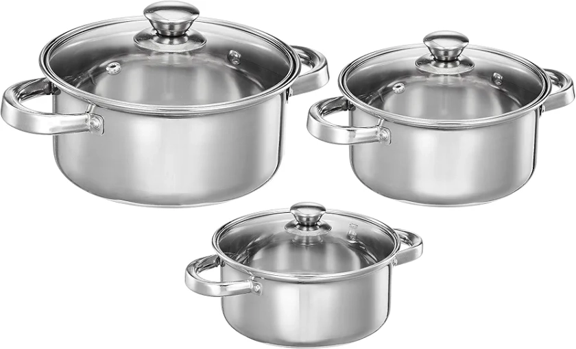 Buy Amazon Brand - Solimo Set of 3 Stainless Steel Casseroles | Glass Lid | Flat Bottom | Dishwasher-Safe | 16 cm, 18 cm, 20 cm, 2.3 Liter, 3 Liter, 1.7 Liter Online at Low Prices in India - Amazon.in