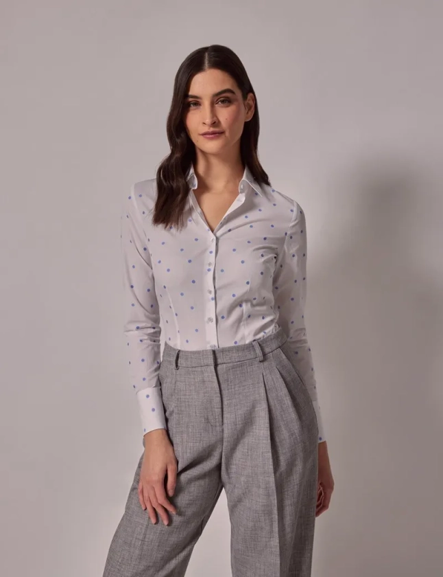 Women's White & Blue Spot Dobby Cotton Fitted Shirt | Hawes & Curtis