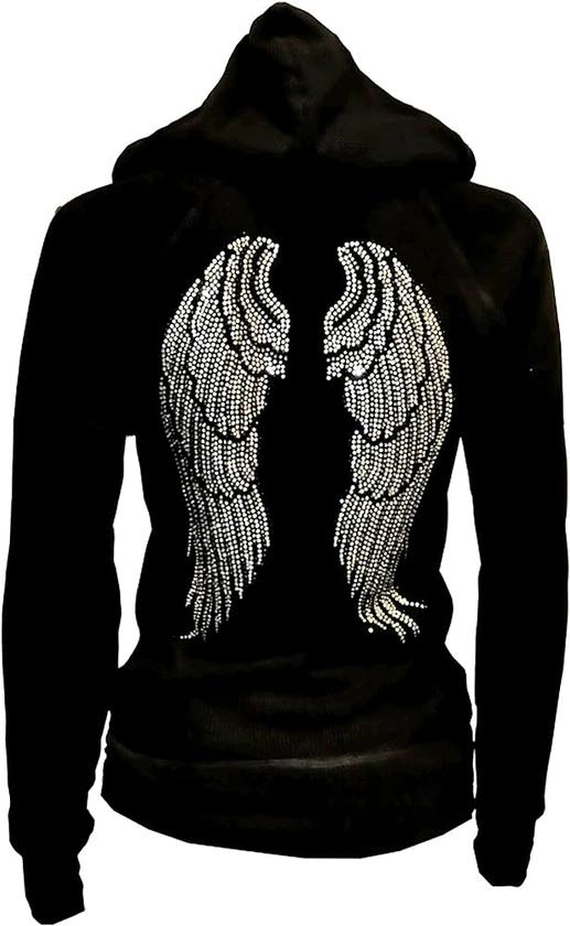 Women's Angel Wings Zip up Hoodie,Sweater,LADY Rhinestones Streetwear Oversized Jacket,Graphic Hoodie for Women