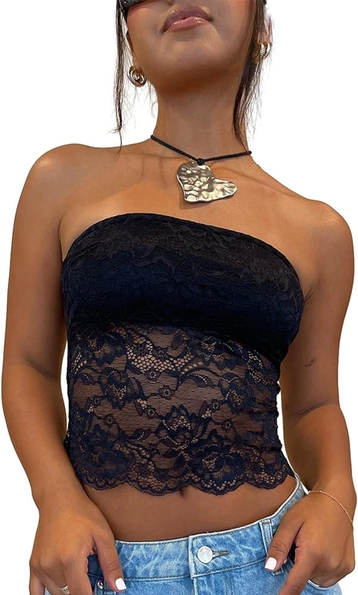 Women's Y2k Strapless Tube Top Lace Backless Bandeau Crop Tank Top Floral Off Shoulder Cami Shirts Summer 2024