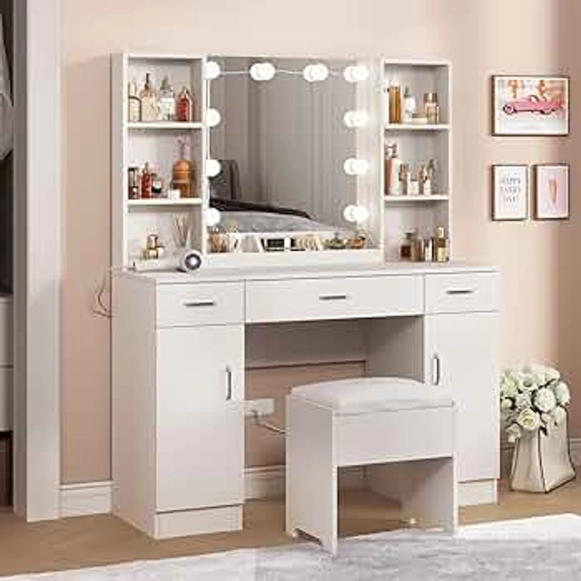 Makeup Vanity Desk with Lights, 3 Lighting Colors, White Vanity Set Makeup Table with 3 Drawers, 2 Cabinets and Multiple Shelves, Large Vanity 45.2in(L)