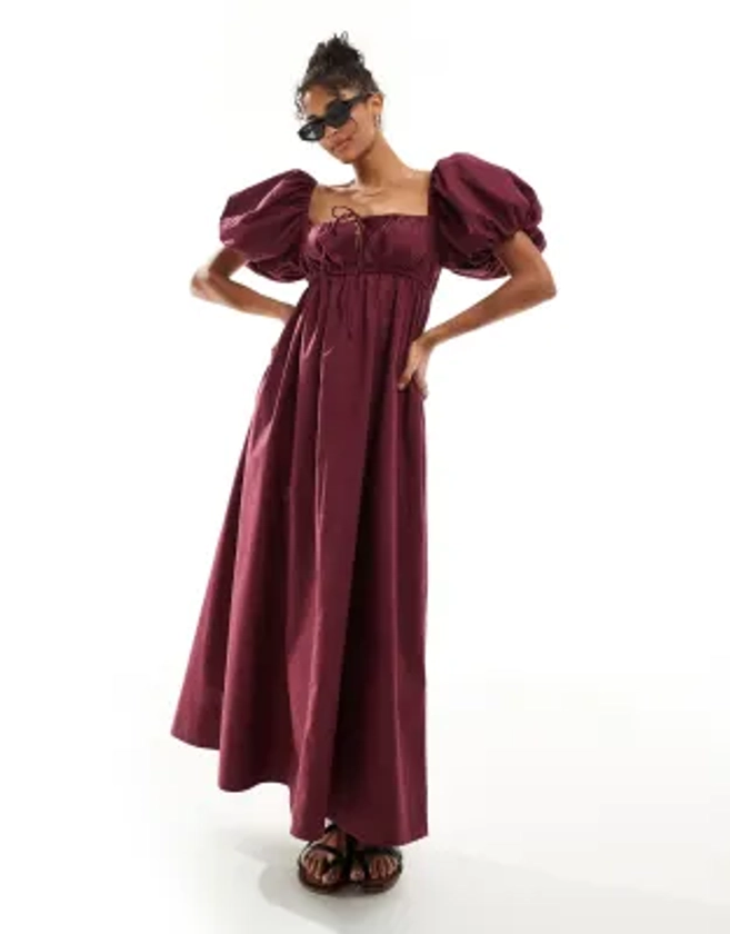 ASOS DESIGN - Robe babydoll mi-longue à manches bouffantes - Bordeaux