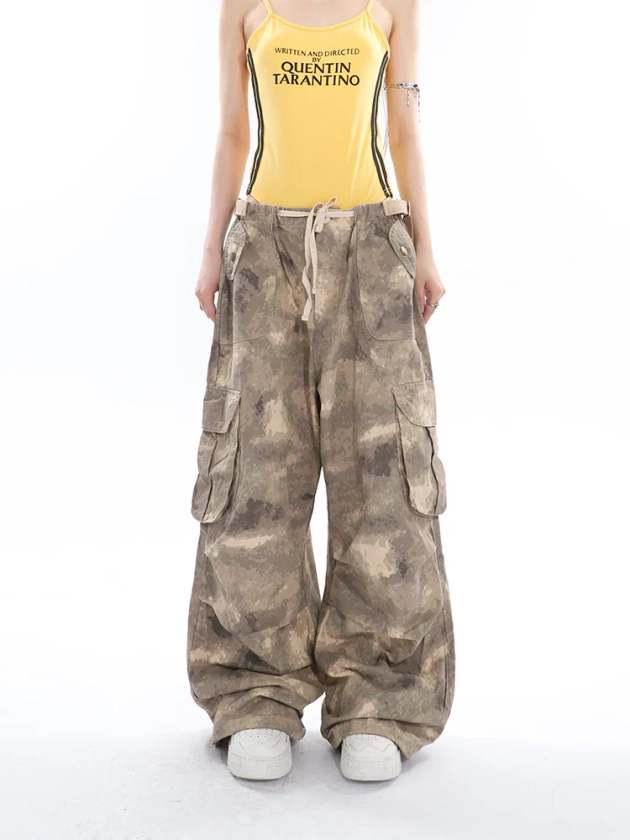 Alexis Brown Green Acid Wash Vintage Camouflage High Waist Straight Wide Leg Multi-Pocket Cargo Pleated Pants