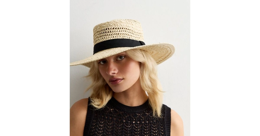 Stone Straw Effect Ribbon Trim Boater Hat | New Look