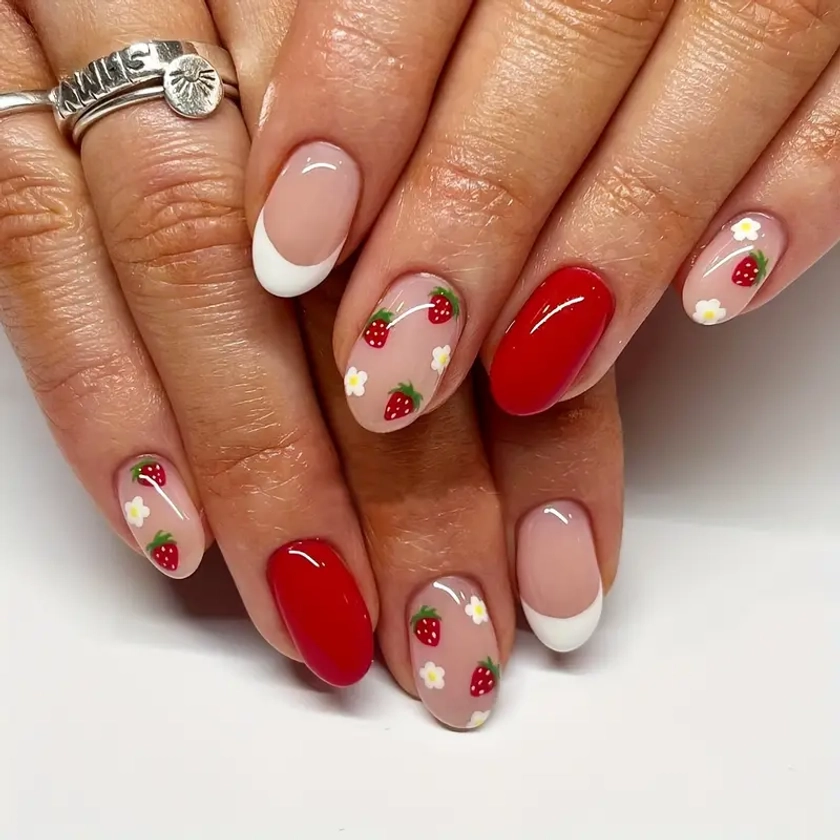24pcs/set Glossy Strawberry * Nails White French Full Cover Short Almond Press On Nails Solid Color Red Acrylic False Nail Tips Spring Summer Nail
