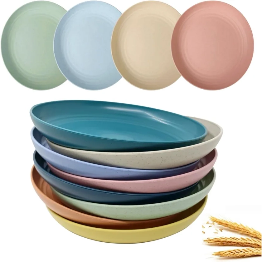 WANBY Wheat Plastic Reusable Dinner Plates Unbreakable Dinner Dishes Outdoor Plates Sets Dishwasher Microwave Safe (Medium 8 Pcs 8')