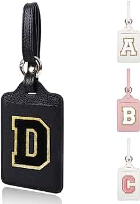 Personalized Initial Luggage Tags for Suitcases, Leather Chenille Letter Cute Luggage Tags with Privacy Cover Name Card, Embroidered Luggage Travel Bag Tags Gifts for Women Kids Teens(black-D)