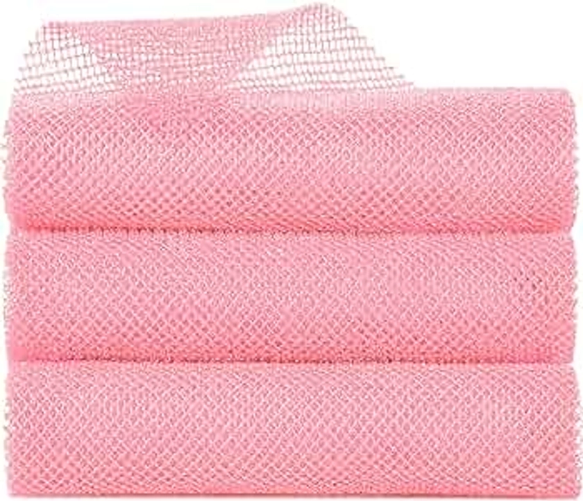 Metene 3 Pieces African Exfoliating Net, Colorful African Net Cloth, Long African Net Sponge Body Scrubber for Use in Shower, Bath Shower Wash Cloth for Skin Smoother Daily Use (Pink)